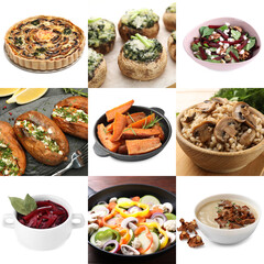 Collection of dishes with earthy taste, collage