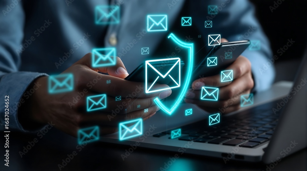 Poster email security concept of business man using smartphone with shield for data protection online netwo