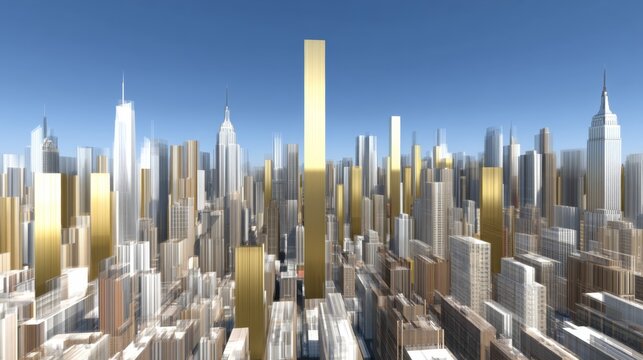Vibrant city skyline showcasing modern architecture and artistic design. Gold accents stand tall among sleek buildings under a clear blue sky. Perfect for architectural and urban design concepts. AI
