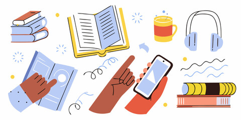 Illustration of modern learning and entertainment with books phone headphones and a cup of coffee