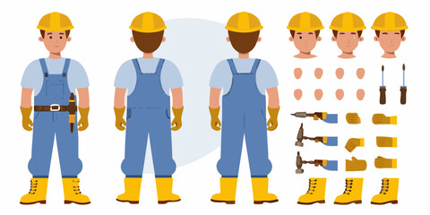 Construction worker character kit with front and back views and customizable body parts and tools