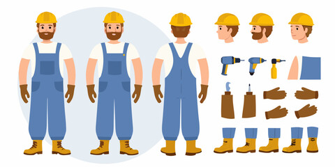 Construction worker character kit with front back and side views plus tools and accessories