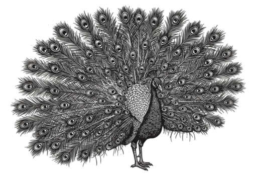 Peacock Bird Illustration Isolated On Transparent Background Monochrome Style - Powered by Adobe