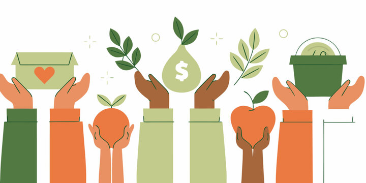 Diverse hands holding symbols of generosity growth and community support