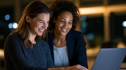 A senior real estate agent guiding a younger woman through online property listings on a laptop pointing at the screen with supportive confidence warm office lighting creating
