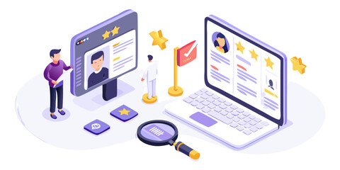 Isometric illustration of people reviewing candidate profiles on computer screens with magnifying glass and stars