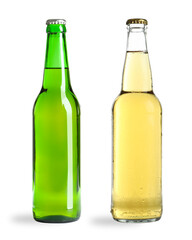 Different types of fresh beer in glass bottles isolated on white