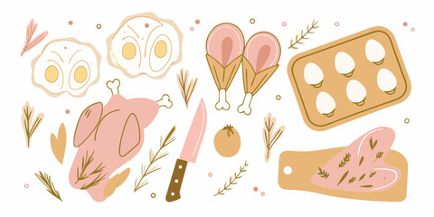 Flat illustration of raw chicken parts and eggs with herbs and a knife on a white background
