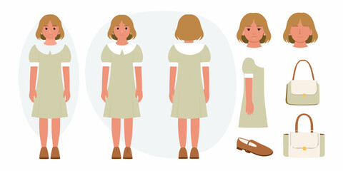 Collection of a young girl character design elements showing front back and side views with accessories
