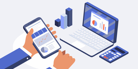 Hands holding smartphone with financial charts and graphs next to laptop and calculator