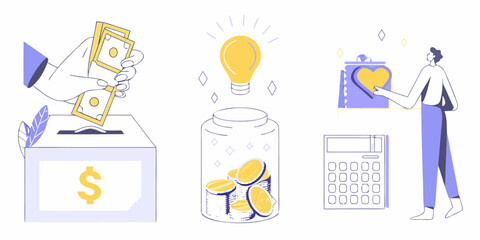 Illustration of financial concepts including saving money generating ideas and charitable giving with a calculator for financial planning