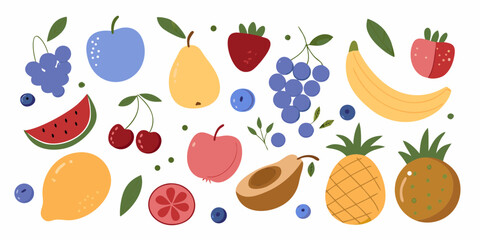 Colorful assortment of flat design fruits and berries scattered across a white background