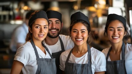 Diverse restaurant staff smiles