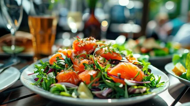 A close-up view of a salmon meal, showcasing its culinary appeal on a restaurant table. This gourmet dish is an appetizing choice for diners seeking fresh seafood.