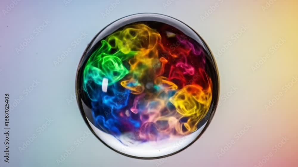 Poster macro shot of water drop containing abstract rainbow colored swirls on a smooth gradient background 