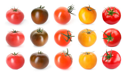 Different types of ripe tomatoes isolated on white, collage