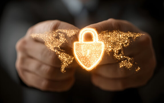 A person in a suit presents a digital shield with a adlock over a glowing worl map, symbolizing global dgital security.