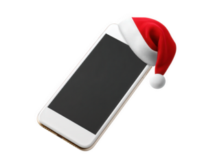 Mobile phone Santa hat holiday Christmas digital festive celebration red white technology cheerful. modern mobile phone with red and white Santa hat symbolizing festive holiday spirit and digital