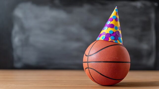 A basketball with a party hat on top of it. The hat is yellow and purple. The basketball is sitting on a wooden table