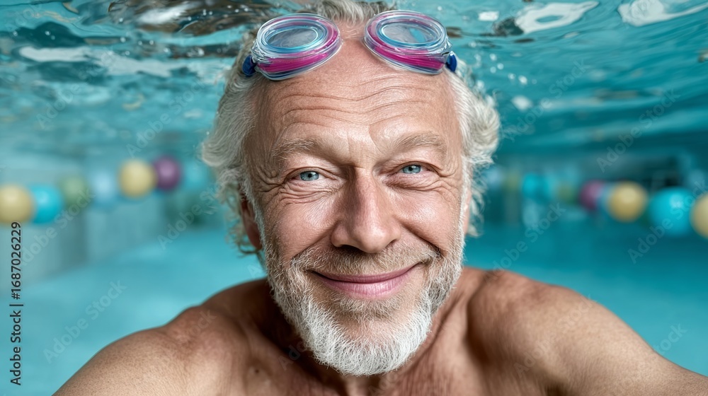 Poster a man in a swimming pool with goggles on his face. he is smiling and looking at the camera