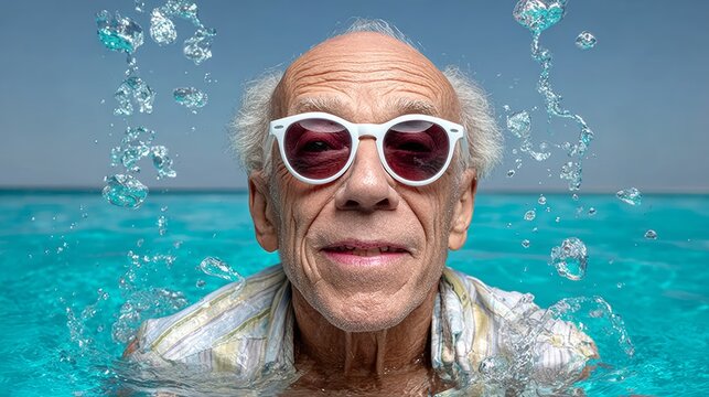 An old man in a swimsuit is splashing water in a pool. He is wearing sunglasses and a striped shirt