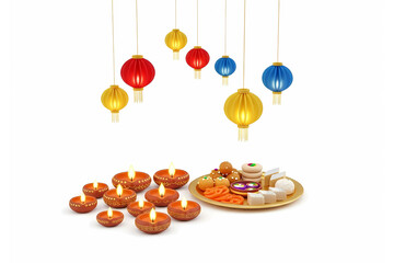 Happy Diwali festival celebration with traditional Diwali diyas, hanging lanterns, and a plate of sweets for the Hindu festival of lights, Deepavali