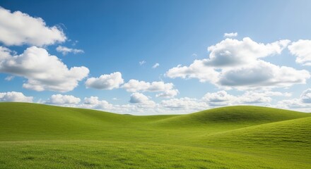 Rolling green hills under a vast blue sky with fluffy white clouds