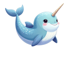  Side View of Playful Baby Narwhal Balancing on Tail, Cartoon Style, Isolated PNG