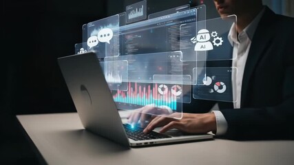 A businessman using laptop with futuristic digital interface, artificial intelligence icons, data analytics, and charts, representing innovation, technology, and busines transformation modern office - Powered by Adobe