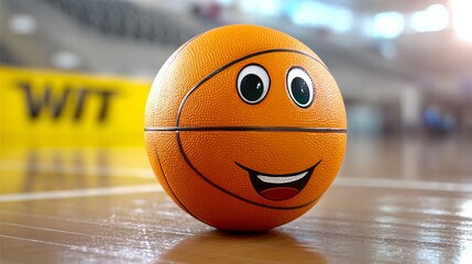A basketball with a smiley face on it. The ball is orange and has a yellow background