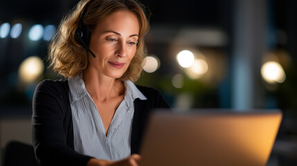 A professional woman using her laptop to tutor math headset on as she explains formulas during an online session soft home office lighting blending with digital screen glow atmo