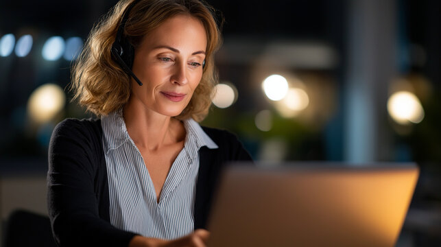 A professional woman using her laptop to tutor math headset on as she explains formulas during an online session soft home office lighting blending with digital screen glow atmo