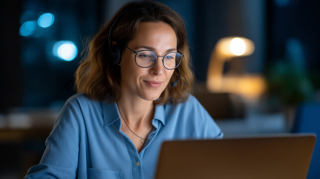 A professional woman using her laptop to tutor math headset on as she explains formulas during an online session soft home office lighting blending with digital screen glow atmo - Powered by Adobe