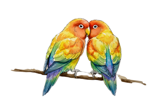 Watercolor Illustration of Two Colorful Lovebirds on a Branch Isolated PNG
