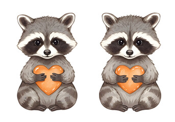 Fototapeta premium Watercolor Illustration of Two Raccoons Holding Orange Hearts on Transparent Background