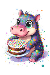 Adorable baby hippo holds a layered birthday cake with rainbow sprinkles, surrounded by cheerful energy and vibrant colors. 