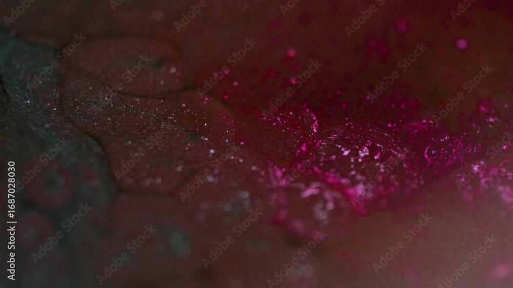 Poster dense purple ink blobs bubbling like lava. macro shot