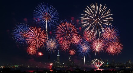 Spectacular Red, White, and Blue Fireworks Display Lighting Up the Midnight Sky During City Celebration