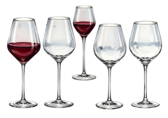 Watercolor Illustration Of Wine Glasses With Varying Red Wine Levels In Transparent Background