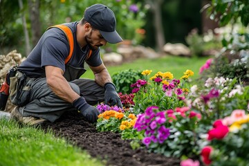 Landscaper Planting Colorful Flowers in Garden