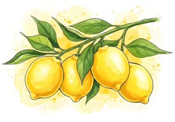 Watercolor Illustration Of Yellow Lemons On A Branch With Green Leaves