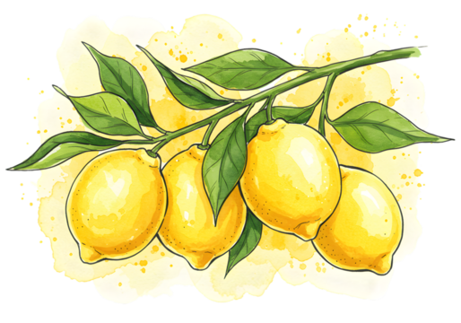Watercolor Illustration Of Yellow Lemons On A Branch With Green Leaves