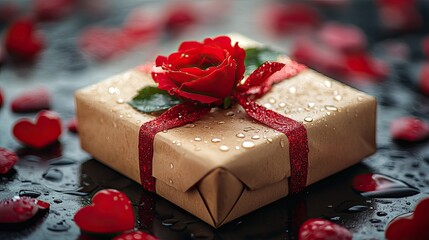 A Valentines Day gift wrapped with a rose