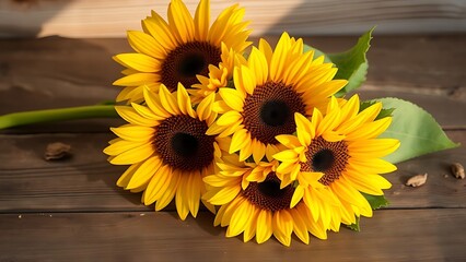 Fototapeta premium Sunflower arrangement on a rustic wooden surface bathed in warm natural light, evoking summer tranquility.