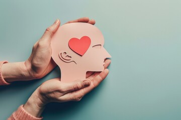 Hands holding a pink paper cutout of a head with a red heart over the eye on a blue background