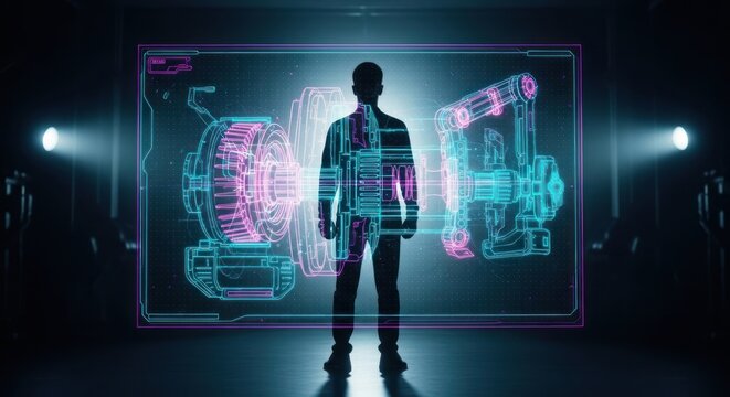 Silhouette of a person standing in front of a holographic display of mechanical engineering designs