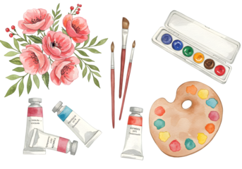 Watercolor Painting Illustration of Artistic Tools Floral Arrangement Isolated
