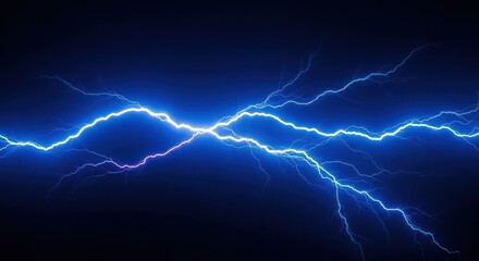 Vibrant blue lightning bolts crackle and illuminate the dark night sky with electric energy