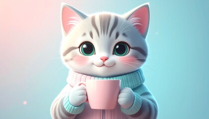 Sweet striped cartoon kitten with sparkling green eyes and a cozy sweater, gently holding a pink cup, radiating warmth, comfort, and delightful charm