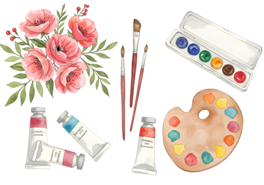 Watercolor Painting Illustration of Artistic Tools Floral Arrangement Isolated